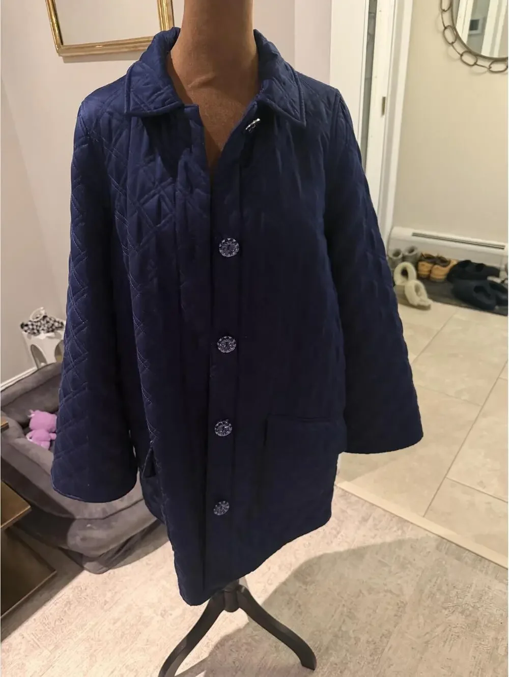Hill house Navy quilted duvet jacket embellished buttons cottage core satin M - Picture 2 of 5